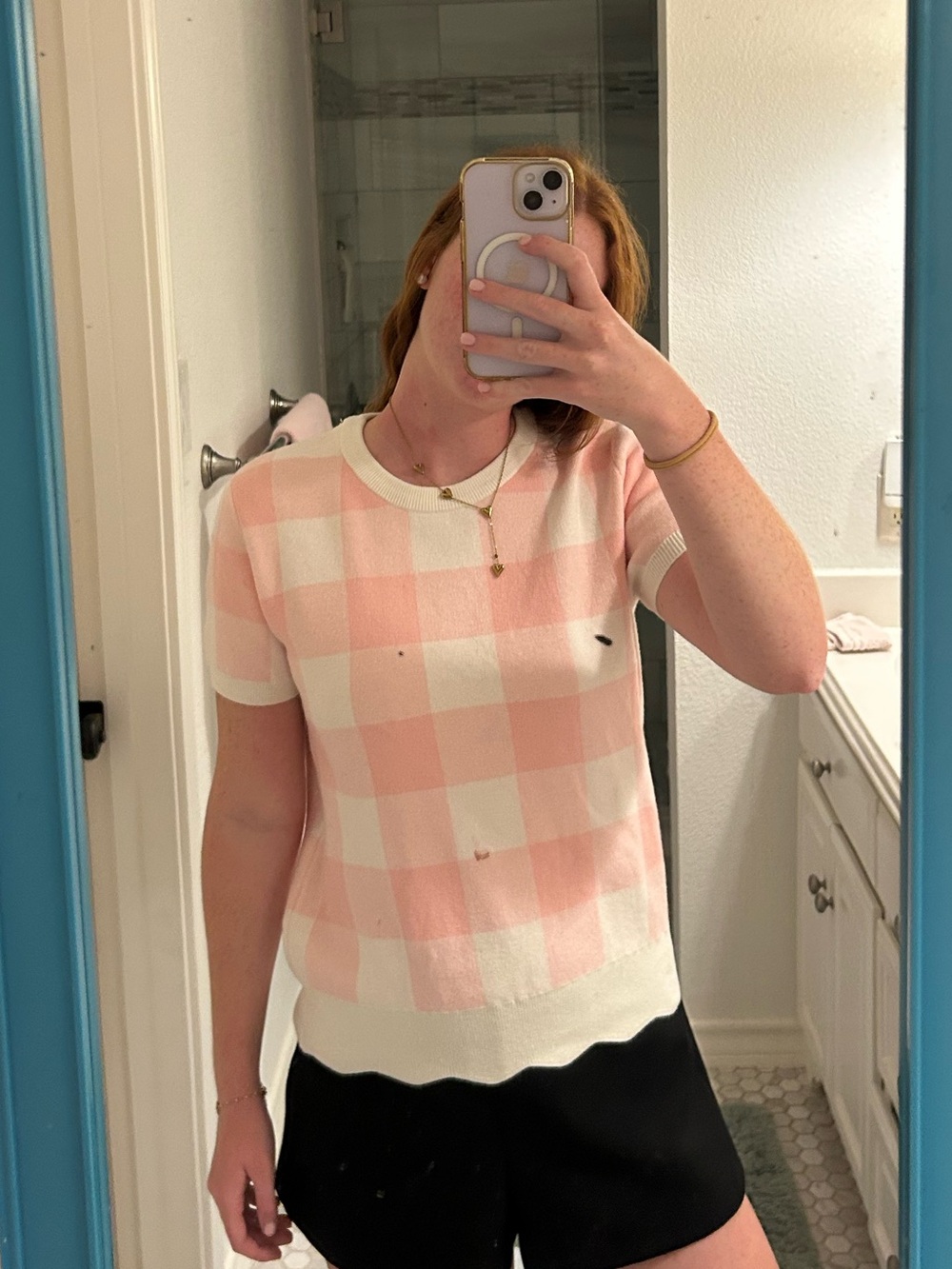 English Factory Pink and White Check Short-Sleeve Knit Top